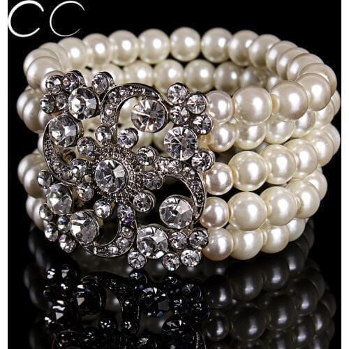 Multi layers charms pearl bracelet bangles for women wedding party austrian crystal fashion jewelry for brides gift bijoux E007