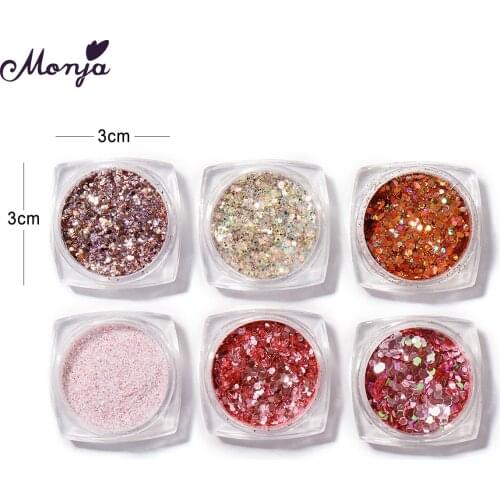 Monja 6 Boxes/Set Nail Art Glitter Flakes Rose Red Series Colorful Hexagon Sparkly Shiny Irregular Sequins Powder Manicure Tools