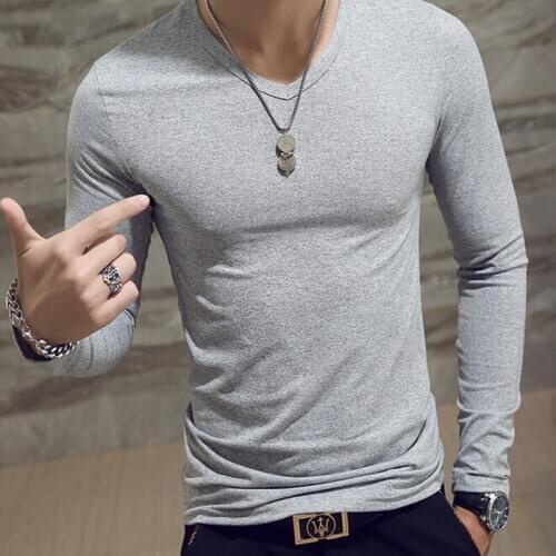 2020 Elastic Mens T-Shirt V-Neck Long Sleeve Men T Shirt For Male Lycra And Cotton T-Shirts Man Clothing TShirt Brand Tees