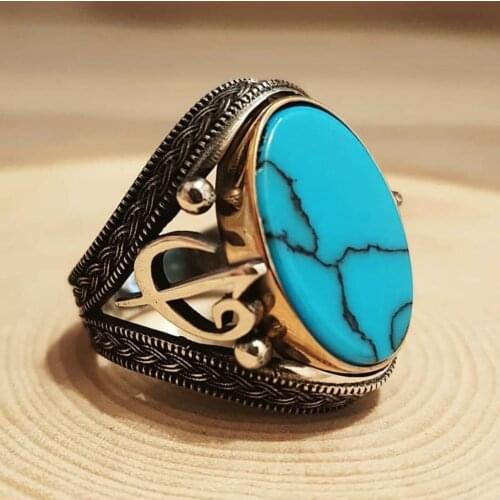 Solid 925 Sterling Silver Knitting Design Alif Vav Flat Turquoise Stone Men Ring