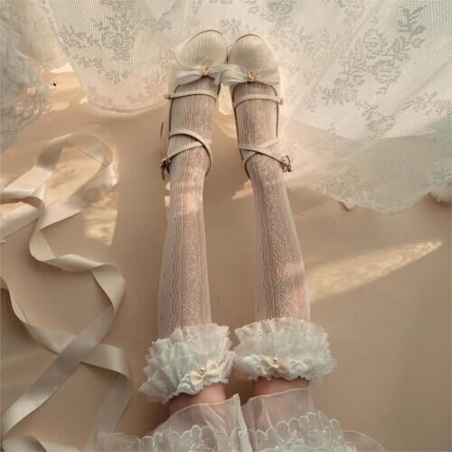 Origional Bow Beaded Lace Socks Harajuku Stockings Cute Solid Color Socks