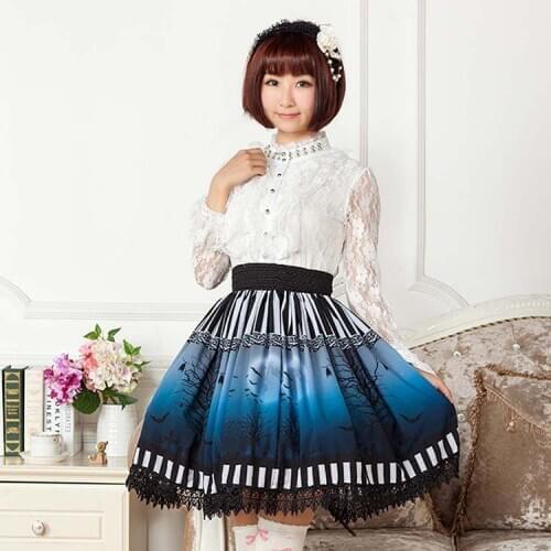 Original Design Japanese Gothic Dark Blue Halloween Themed Tree and Bat Printed Pleated Lolita for Girl