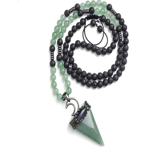 FYSL Silver Plated Geometric Shape Green Aventurine Pendant Long Beads Chain Necklace Amethysts Stone Jewelry