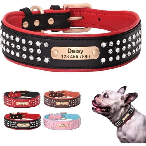 Personalized Dog Collar For Medium Large Dogs French Bulldog Pitbull Bling Rhinestone Pet Puppy Nameplate ID Tag Collars Pink