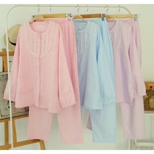 Pregnant Womens Pajamas Long Sleeves + Trousers Suit Solid Color 100% Cotton Gauze Lace Thin Pijama Summer Clothes Home Clothing