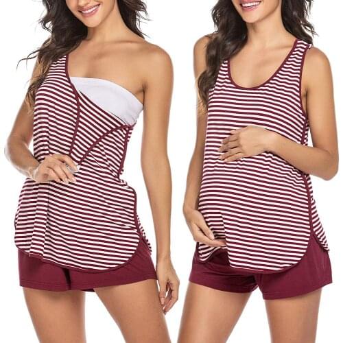 Maternity Nursing Pajamas Sleepwear Set Shorts Striped for Home Wear Tops+Shorts Camiseta Lactancia