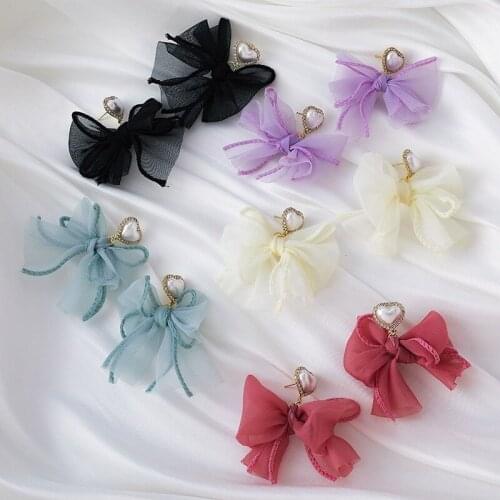Sweet Chiffon Bowknot Stud Earrings for Women Summer Holiday Lace Heart Earrings Temperament Beach Party Jewelry