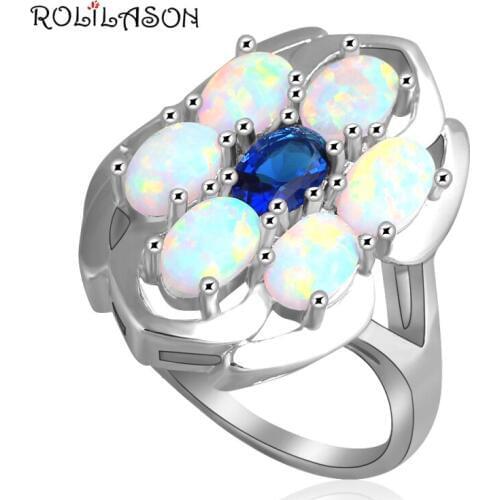 ROLILASON flower shape Opals Inlay White fire Opal Silver Rings Blue Zircon wedding fashion Jewelry USA Ring sz #6#7#8#9 OR652
