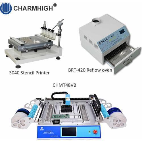 SMT Production line: 3040 Stencil printer + CHMT48VB p&p machine 58 feeders + 2500w Reflow oven BRT-420, PCB assembly line