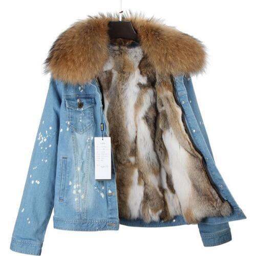 Winter Jacket Coat Brand 2020 New Autumn Women Holes Denim Jacket Real Large Raccoon Fur Collar Real Rabbit Fur Thick Warm Liner