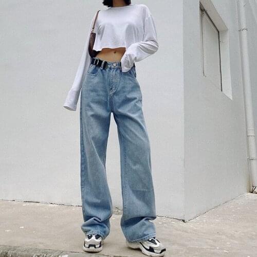 2021 New Spring autumn style casual style solid color adjustable belt jeans women, pure cotton wash water thinner wide-leg jeans