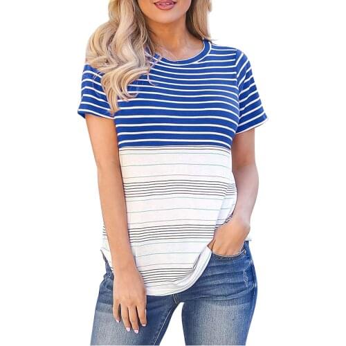 Stripe Blue Printed Tops For Ladies Ensemble Femme Ete 2021 Clothes Fashion Womens Summer Stitching Short-sleeved Loose Tops
