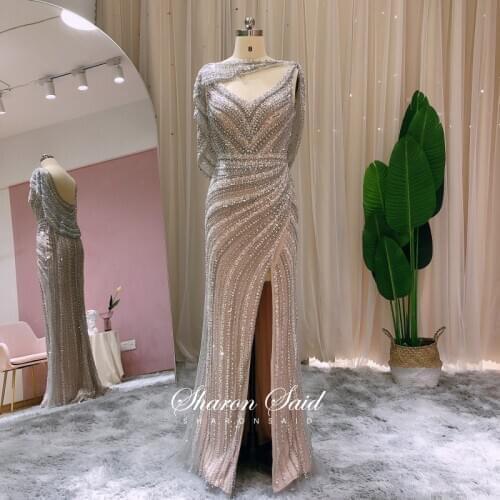 Luxury Dubai Long Evening Dress with Shawl Silver Backless Mermaid Prom Graduation Dresses 2021 Women Wedding Formal Party Gowns