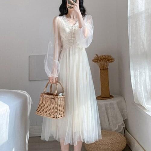2020 summer dress New fashion women mesh elegant vintage v neck party club coctail long sleeve lace midi dress vestidos