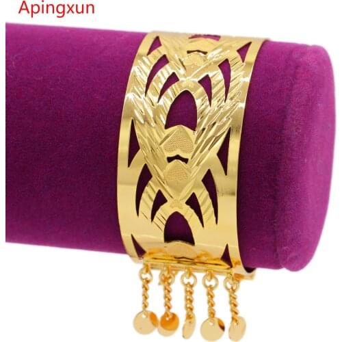 PINXUN Dubai Gold Color Heart Tassles Cuff Bracelet African/Ethiopian Women Bridal Wedding Jewelry Bangle Party Luxury Gifts