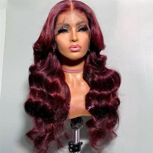 Glueless 26 inch Dark Wine Brazilian Human Hair Lace Front Wig For Black Women With Babyhair 99j Body Wave Natural Hairline Soft