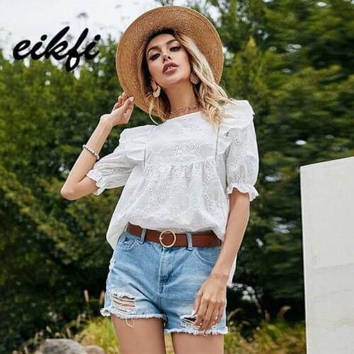 EIKFI Front Ruffle Hollow Out Floral Women Blouse Summer Ladies Round Neck Puff Sleeve Back Button Casual White Tops and Blouse
