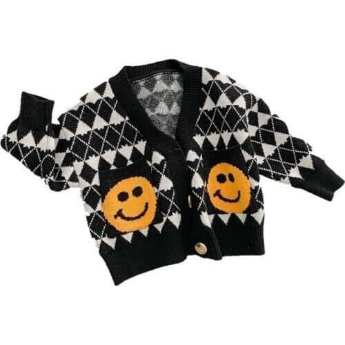 DFXD 2020 New Autumn Winter Kids Boys Girls Knitted Cardigan Casual Plaid Cartoon Smile Face Single Breasted Sweater Coat 2-8Yrs