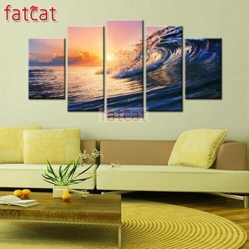 FATCAT Sunset ocean wave landscape 5 Panel Diy Diamond Painting Full Square Round Drill Diamond Embroidery Sale Decor AE2453
