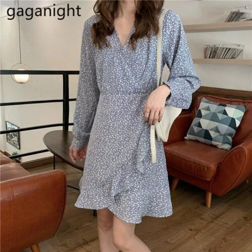 Gaganight Vintage Elegant Floral Print Mini Dress Women 2021 Boho Ruffle Long Sleeve A-Line Dresses Female Spring V-Neck Vestido