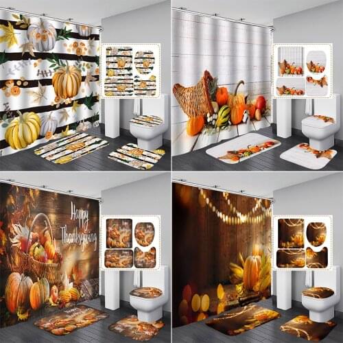 Thanksgiving Halloween Shower Curtain Bathroom Curtains Set Party Festival Decoration Toilet Lid Cover Non-Slip Mat Bath Rugs