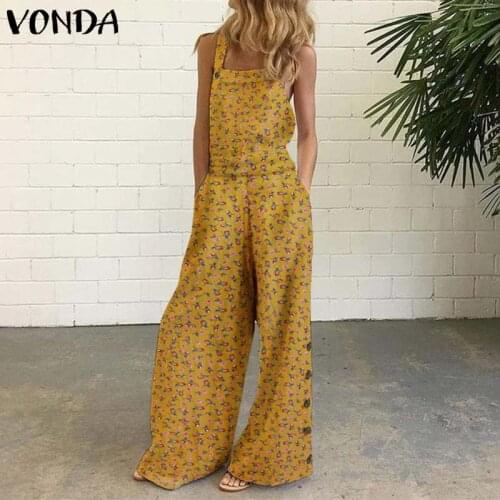 Rompers Women Jumpsuits VONDA 2021 Summer Sleeveless Wide Leg Pants Long Holiday Summer Cotton Overalls Party Work OL Playsuits