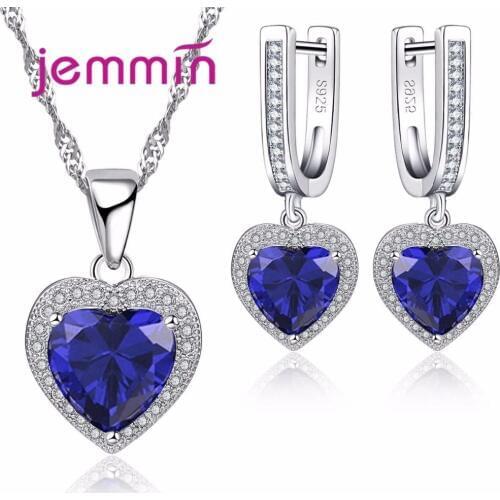 Fine 925 Sterling Silver Wedding Jewelry Sets For Brides Valentine Day Sapphire Crystal Pendants Necklaces Earring Sets