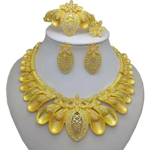 Kingdom Ma New Gold Color African Necklace Earrings Bracelet Ring Sets Dubai Jewelry Sets for Women Party Accessories
