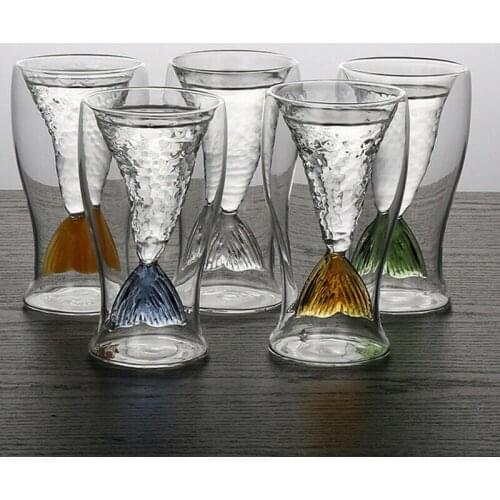Creative Double Wall Glass Mermaid Cup Crystal Shotglasses Vodka Cocktail Beer Cup Mug Fish Tail Shot Glass Cup Drinkware Cup