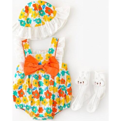 Summer Baby Girls Romper Sling Newborn Baby Romper Jumpsuit With Hat Cotton Infant Clothes For Girls Sunsuit Flower Print Outfit
