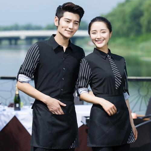 Bakery Work Clothing Fall/Winter New Design Adjusted Sleeve Waiter Shirt+Apron Set Cheap Hotel Waitress Striped Uniform for sale