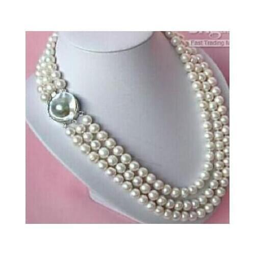 3row 7-8mm genuine natural south sea white pearl necklace