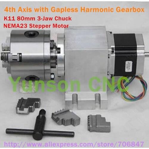The 4th Axis Rotary Axis made of K11 80mm 3-Jaw Chuck and 50:1 Ratio Gapless Harmonic Gearbox and NEMA23 motor for CNC Router