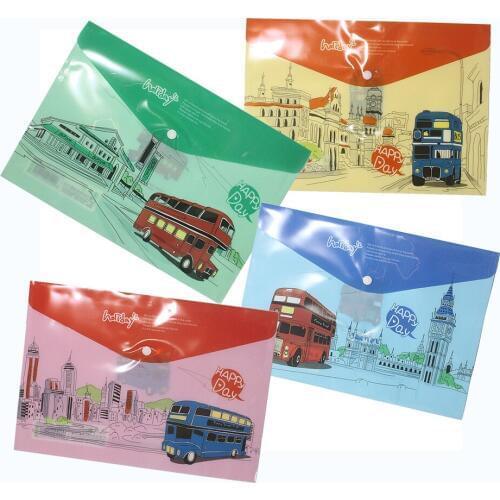 4pcs Button PP Color Printing Transparent Waterproof Portable Folder Stationery Bag A4 Folder File Archive Bag Office Supplies