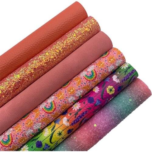 Rainbow Chunky Glitter Leather Fabric Flowers Printed Synthetic Leather Vinyl Suede Leather Sheets For BOWS DIY 21X29CM G583