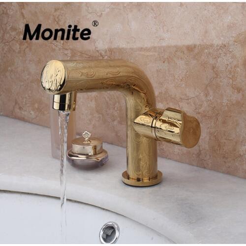 Luxury Bathroom Basin Sink Faucet Contemporary Bathroom Gold Brass Faucets Stream Spout Deck Mount Mixer Taps