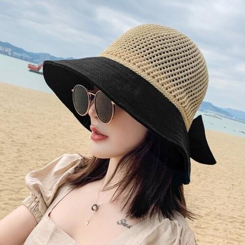 Wide Brim Hat Hollow Breathable Summer Foldable Sun Hat Bucket Hat Bow Lady’s Sun Cap for Travel Mesh Fisherman Hat