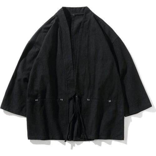 Traditional Japanese Style Fashion Men Retro Cardigan Samurai Kimono Haori Japan Warrior Yukata Obi Asian Coat Adult Clothing