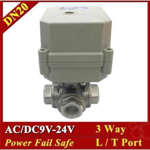 Tsai Fan 3 Way L Port T Port BSP/NPT 3/4" DN20 Stainless Steel Power Off Safe Valve AC/DC9-24V 2/5 Wires Electric Water Valve