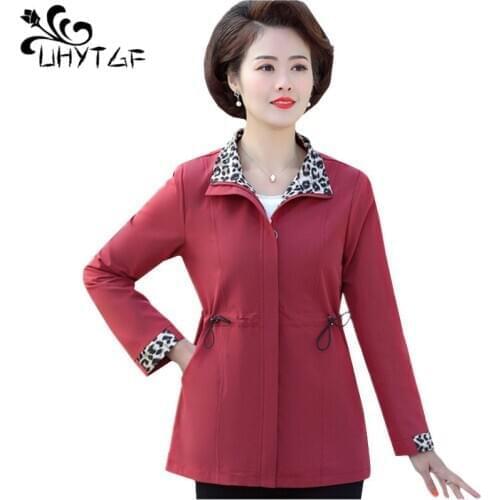 UHYTGF Women windbreaker long sleeve zipper spring autumn trench coat for women solid color wild elegant short coat plus size847