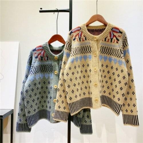 Vintage Jacquard Knitted Cardigan Women 2021 Spring Fall Jacquard Sweater Jacket for Girls Students Korean Fashion Knit Outwear