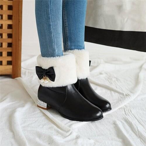 YMECHIC Plus Size Faux Fur Butterfly-knot Cute Sweet Low Crystal Chunky Heel Lolita Shoes Pink Black Woman Bootie Ankle Boots