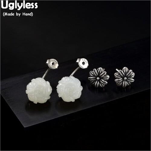 Uglyless Handmade Sunflower Earrings Women Solid 925 Silver Fine Jewelry Vintage Thai Silver Dual Use Detachable Ear Studs Jade