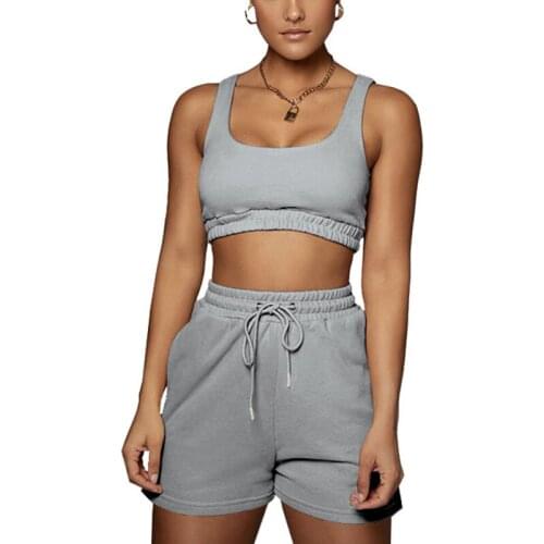 Womens Summer New Navel Leakage Home Suit Cool Solid Leisure Sports Vest Shorts Set Yoga Suit Soft Breathable Two Piece Set