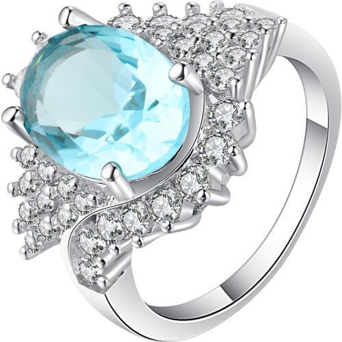 UFOORO New arrival silver color wedding ring for women elegant big sky blue oval crystal with zircon fashion jewelry female