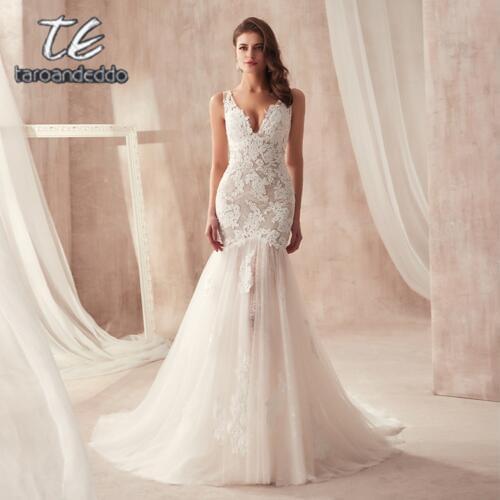 2021 V-neck Nude Mermaid Wedding Dress Open Back with Lace See Through Sexy Bridal Gowns Vestido De Noiva