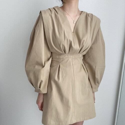 Lantern Long Sleeve High waist V-neck Spring 2021 New Korea Autumn Loose Pullovers Dress Women Solid Color Dresses V
