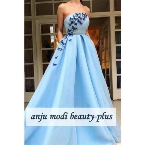 2021 Light Blue Long Strapless Prom Dresses with Pockets 3D Butterfly Sleeveless Formal Evening Party Ball Gown Robe De Soiree