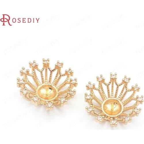 40250)10PCS 24K Champagne Gold Color Brass and Zircon Can Fit Half Hole Pearl Flower Beads Caps Diy Jewelry Making Supplies