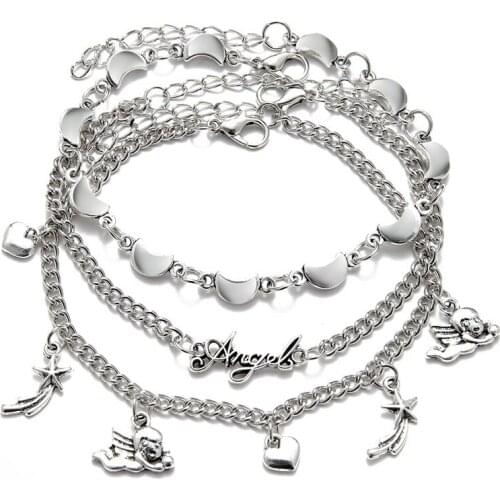 3 Pcs/Set Lucky Angel Charm Anklet Bracelet for Women Cute Love Heart Moon Charm Ankle Jewelry Girls Foot Chain Bracelets on Leg